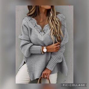 1 Left!! Gray Knit Sweater w/Lacy V